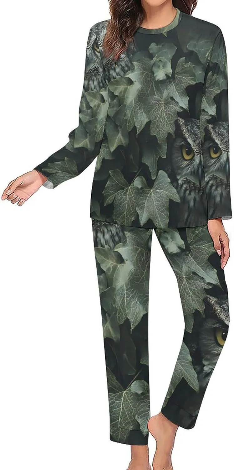 Owl Hiding in The Ivy Women's Pajama Set Long Sleeve T-shirts Top & Pant Comfort Sleepwear Loungewear