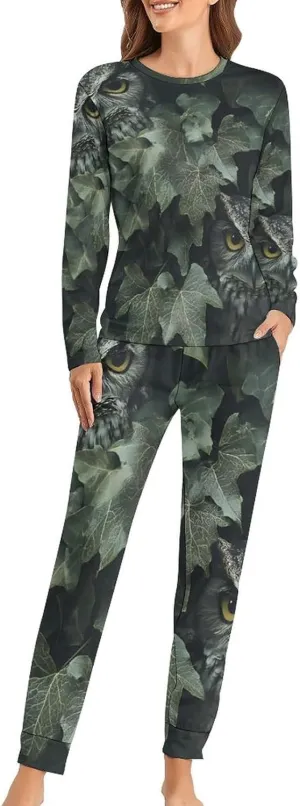 Owl Hiding in The Ivy Women's Pajama Set Long Sleeve T-shirts Top & Pant Comfort Sleepwear Loungewear