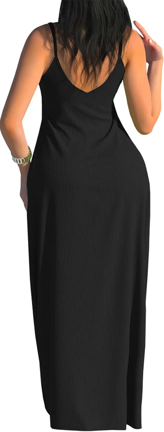 PaladMom Women's Summer Casual Sundress Sleeveless Maxi Dress Plus Size Loose Stripes Long Dresses with Pockets