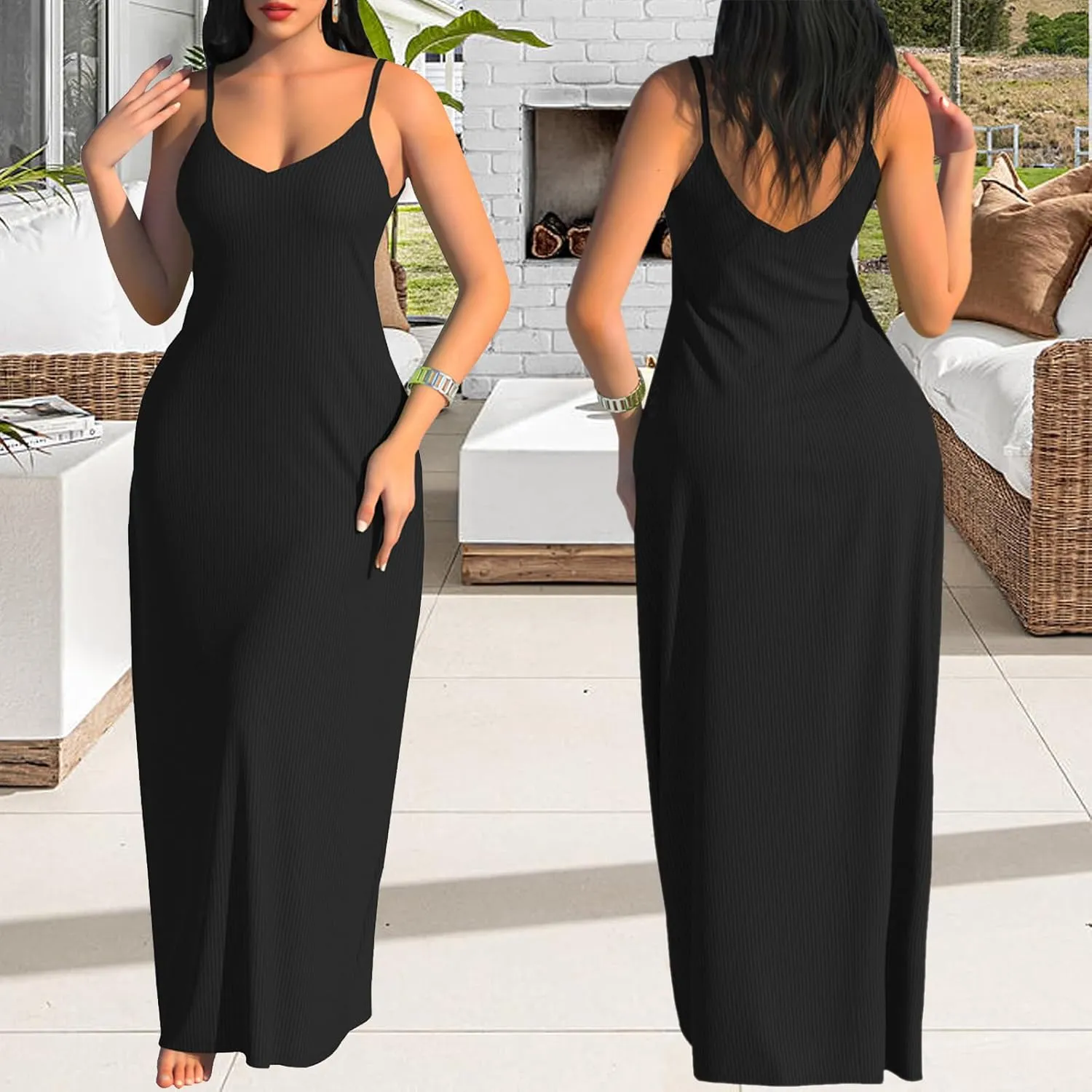 PaladMom Women's Summer Casual Sundress Sleeveless Maxi Dress Plus Size Loose Stripes Long Dresses with Pockets