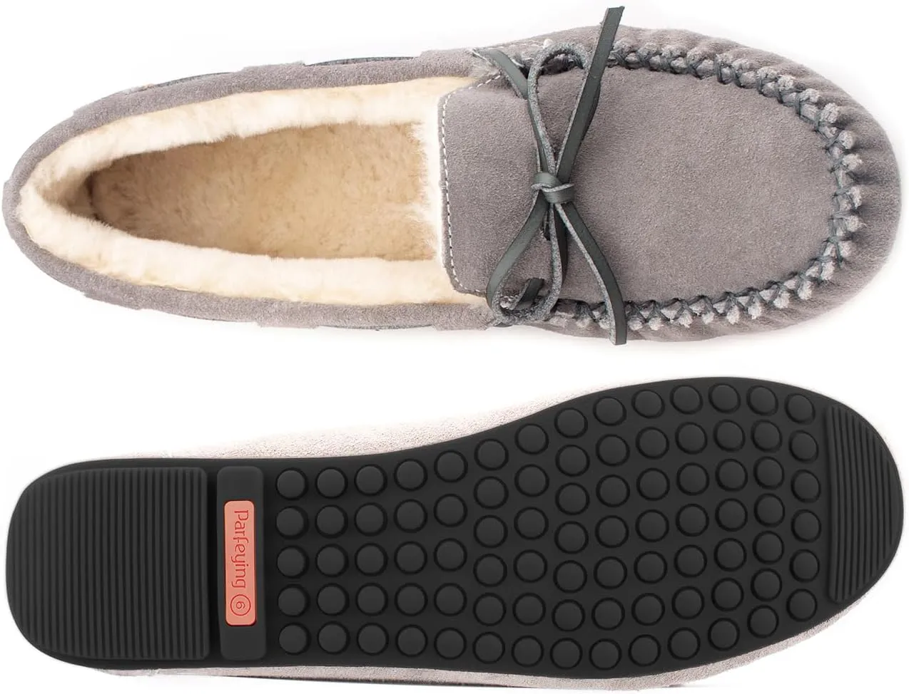Parfeying Women's Sheepskin Moccasins Cow Suede Memory Foam Slippers Indoor Outdoor Shearling Winter Shoes