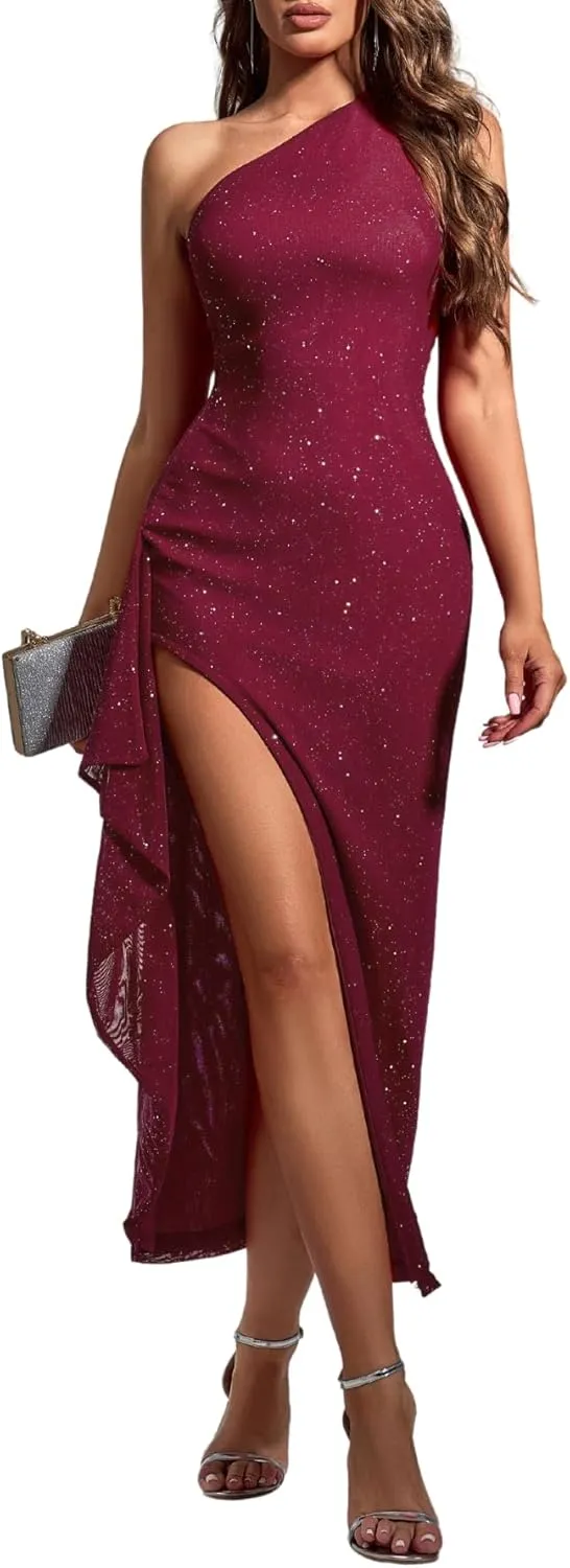 Parthea Women's Elegant One Shoulder Long Formal Sparkly Dresses Sequin High Split Evening Wedding Guest Party Maxi Dress