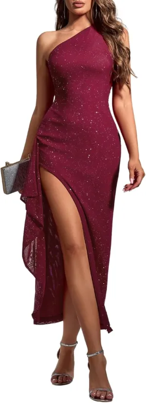 Parthea Women's Elegant One Shoulder Long Formal Sparkly Dresses Sequin High Split Evening Wedding Guest Party Maxi Dress