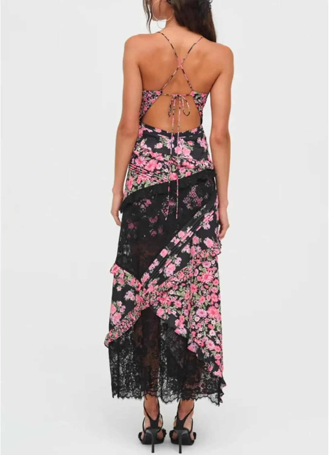 Patchwork Dress for Women Y2k Spaghetti Strap Lace Sheer Floral Ruffle Flowy Maxi Dresses Summer Backless Sundress