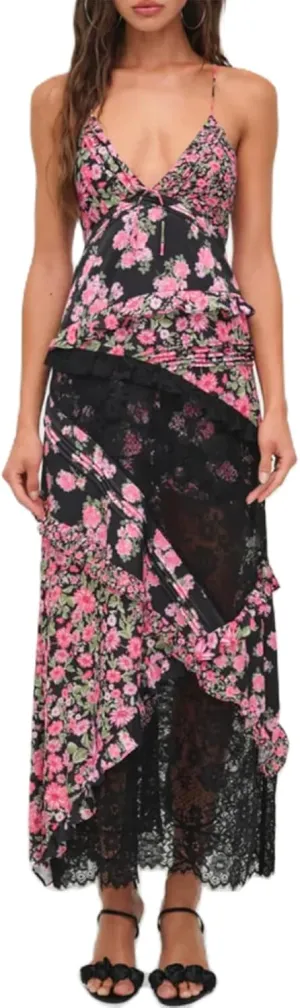 Patchwork Dress for Women Y2k Spaghetti Strap Lace Sheer Floral Ruffle Flowy Maxi Dresses Summer Backless Sundress