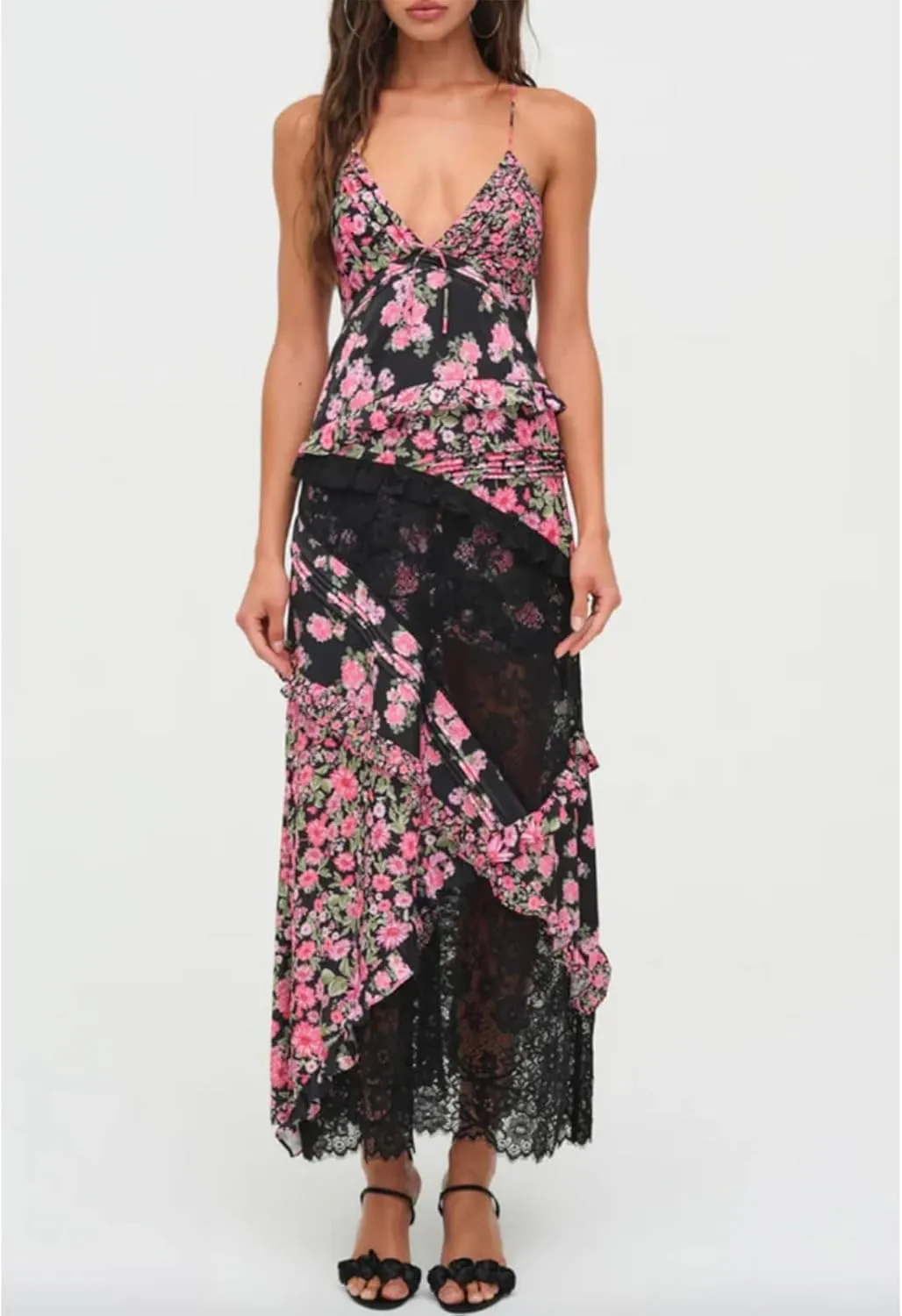 Patchwork Dress for Women Y2k Spaghetti Strap Lace Sheer Floral Ruffle Flowy Maxi Dresses Summer Backless Sundress