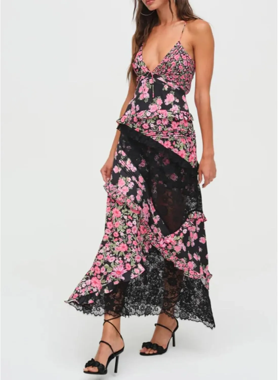Patchwork Dress for Women Y2k Spaghetti Strap Lace Sheer Floral Ruffle Flowy Maxi Dresses Summer Backless Sundress