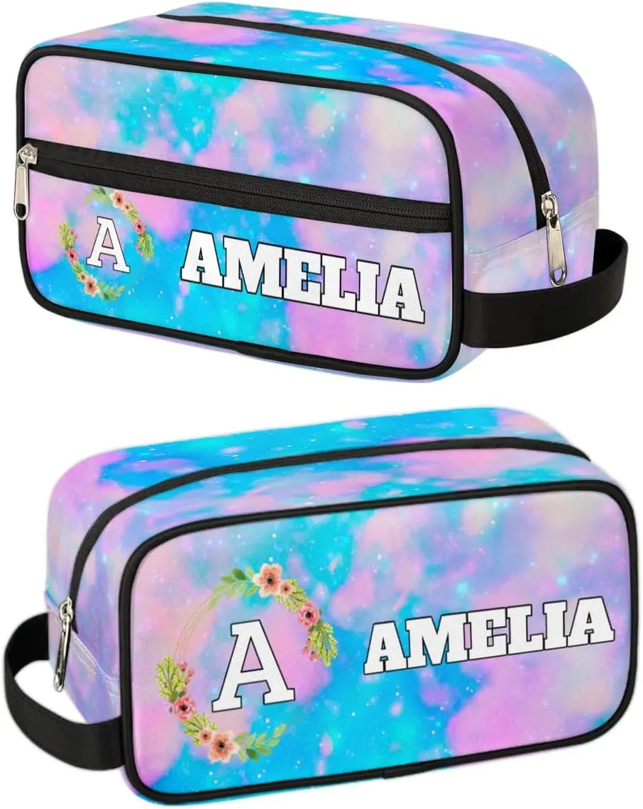 Personalized Floral Monogrammed Toiletry Bags for Women Custom Initial Letter Waterproof Cosmetic Makeup Bags Storage Bags with Handle for Bathroom Travel Work, Blue Pink