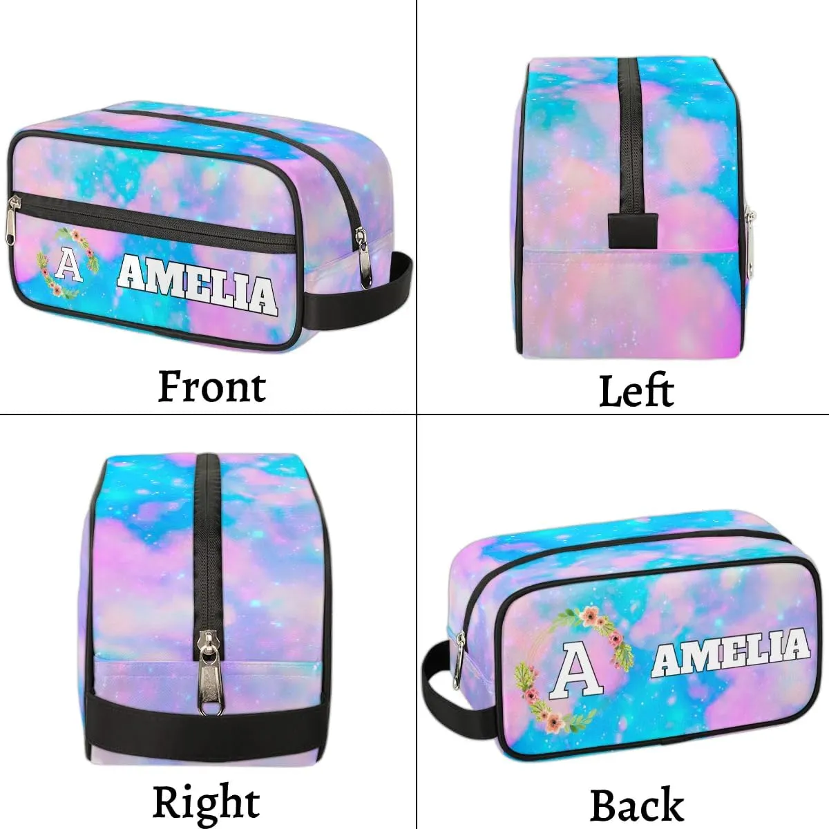 Personalized Floral Monogrammed Toiletry Bags for Women Custom Initial Letter Waterproof Cosmetic Makeup Bags Storage Bags with Handle for Bathroom Travel Work, Blue Pink