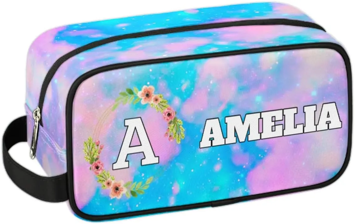 Personalized Floral Monogrammed Toiletry Bags for Women Custom Initial Letter Waterproof Cosmetic Makeup Bags Storage Bags with Handle for Bathroom Travel Work, Blue Pink