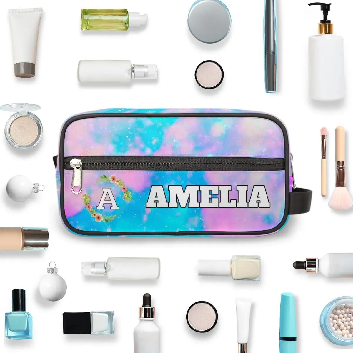 Personalized Floral Monogrammed Toiletry Bags for Women Custom Initial Letter Waterproof Cosmetic Makeup Bags Storage Bags with Handle for Bathroom Travel Work, Blue Pink