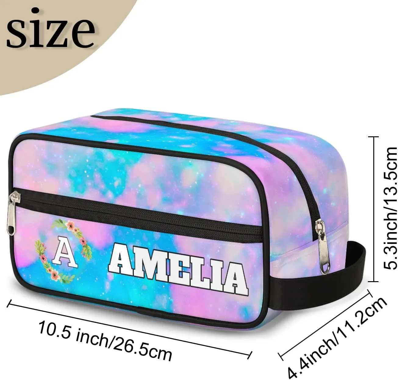 Personalized Floral Monogrammed Toiletry Bags for Women Custom Initial Letter Waterproof Cosmetic Makeup Bags Storage Bags with Handle for Bathroom Travel Work, Blue Pink