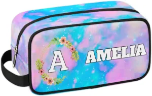 Personalized Floral Monogrammed Toiletry Bags for Women Custom Initial Letter Waterproof Cosmetic Makeup Bags Storage Bags with Handle for Bathroom Travel Work, Blue Pink