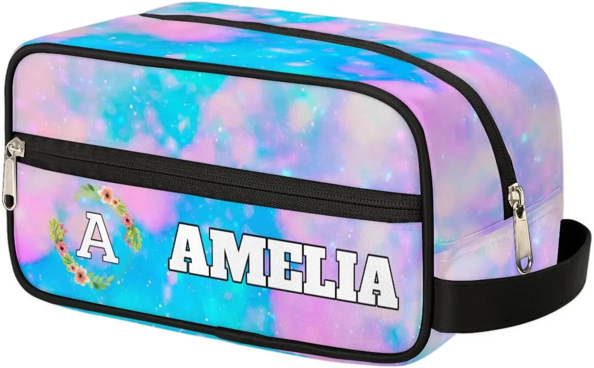 Personalized Floral Monogrammed Toiletry Bags for Women Custom Initial Letter Waterproof Cosmetic Makeup Bags Storage Bags with Handle for Bathroom Travel Work, Blue Pink