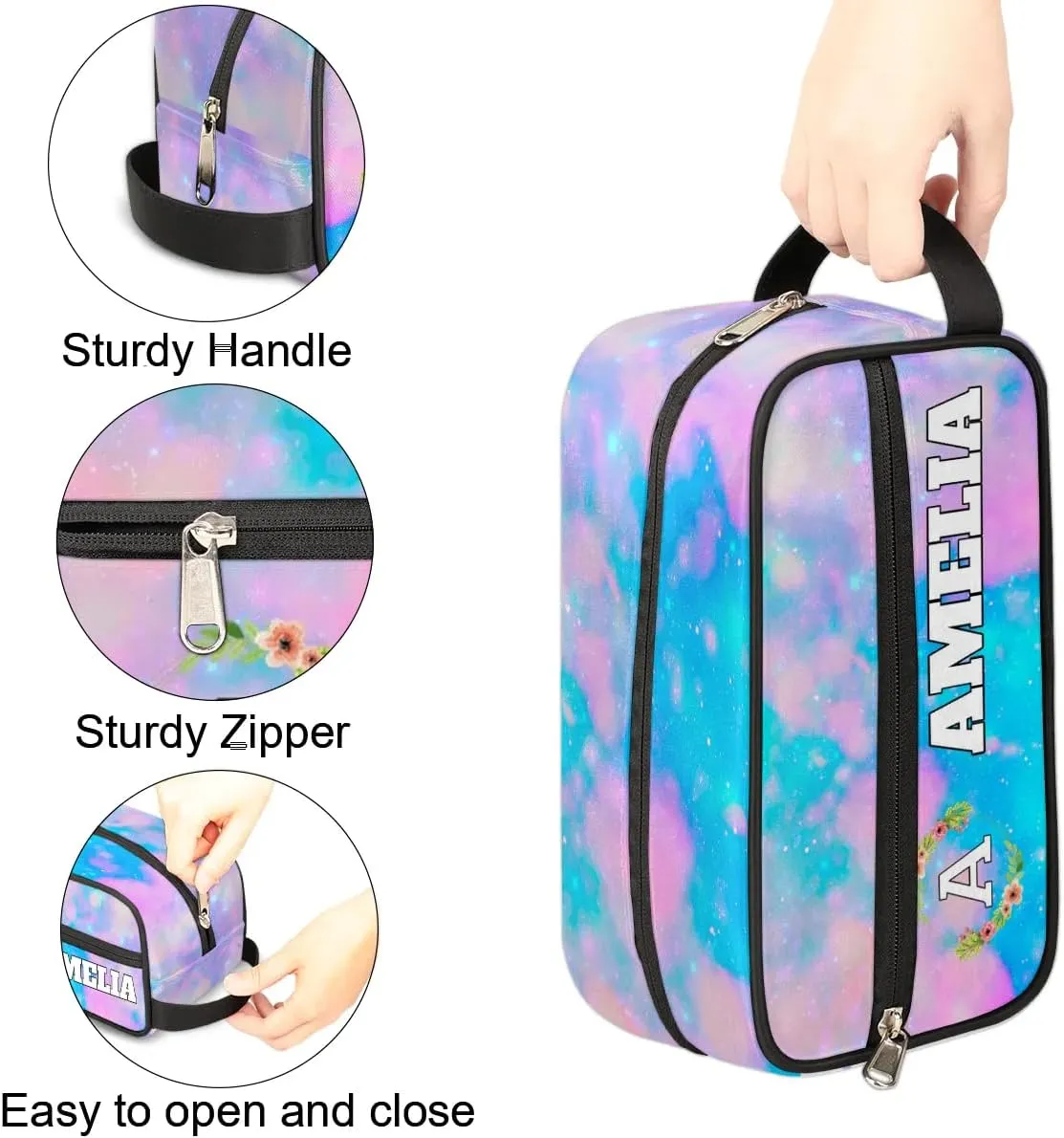 Personalized Floral Monogrammed Toiletry Bags for Women Custom Initial Letter Waterproof Cosmetic Makeup Bags Storage Bags with Handle for Bathroom Travel Work, Blue Pink