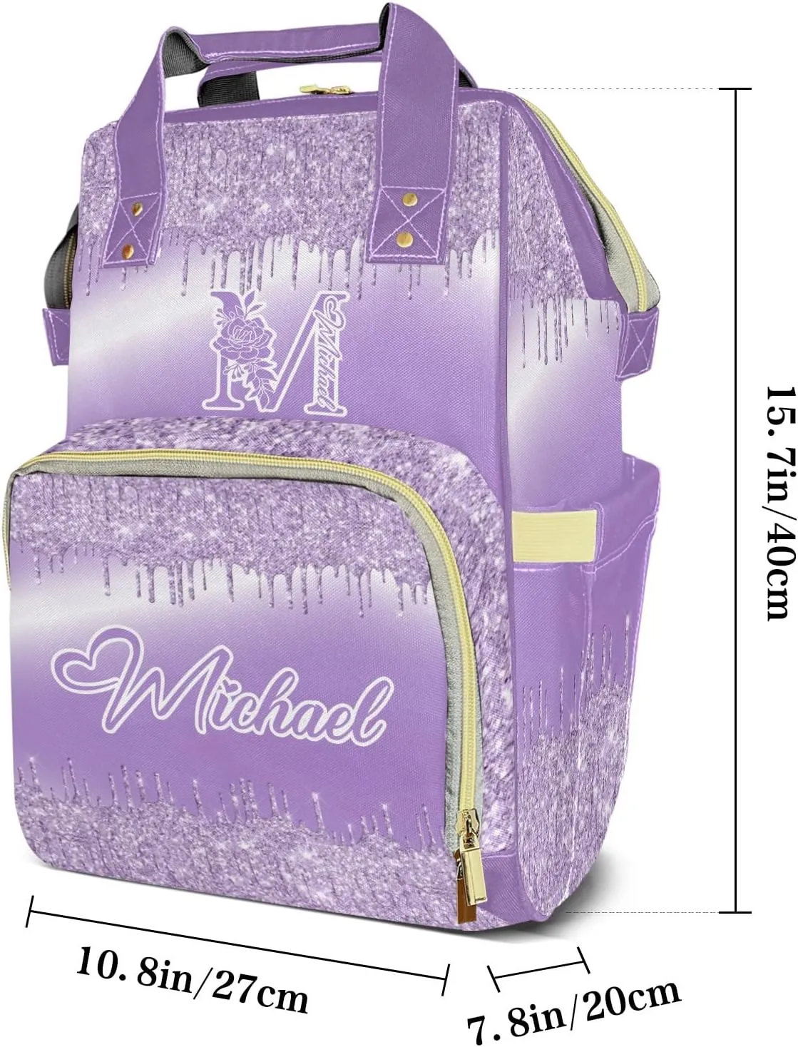 Personalized Purple Bling Glitter Print Diaper Bags Backpack with Name Mummy Nursing Bags Gifts for Mom Dad