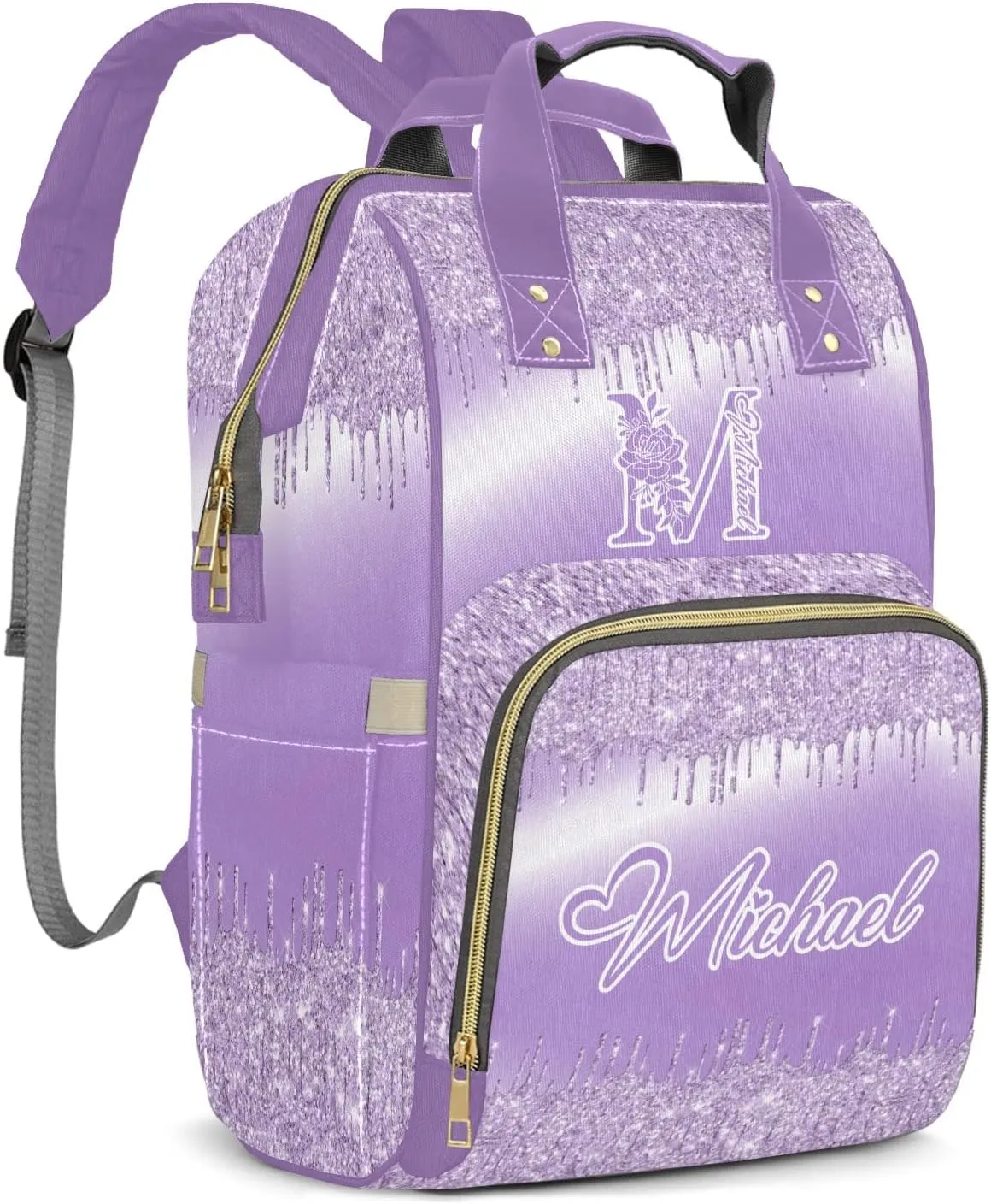 Personalized Purple Bling Glitter Print Diaper Bags Backpack with Name Mummy Nursing Bags Gifts for Mom Dad