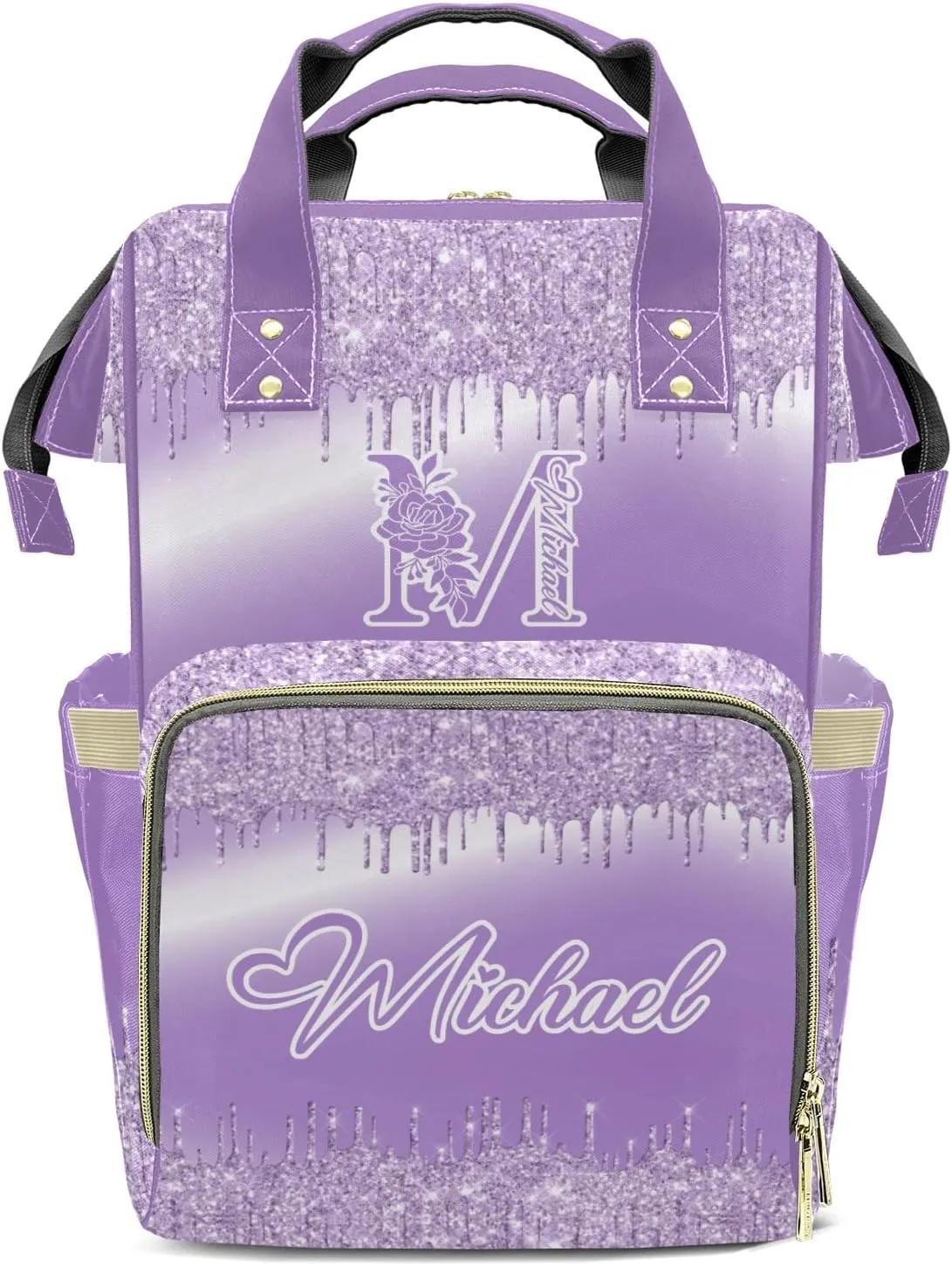 Personalized Purple Bling Glitter Print Diaper Bags Backpack with Name Mummy Nursing Bags Gifts for Mom Dad