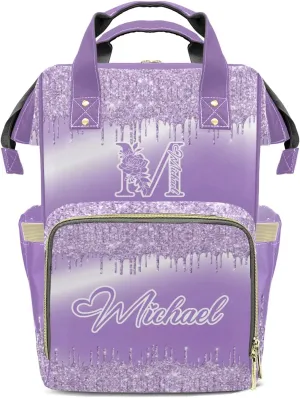 Personalized Purple Bling Glitter Print Diaper Bags Backpack with Name Mummy Nursing Bags Gifts for Mom Dad