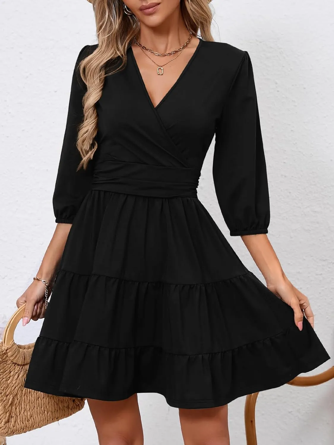 PerZeal Women's Wrap V Neck 3/4 Sleeve Wedding Guest Dress Elastic Waist Tiered Belted Ruffle Hem Mini Dress
