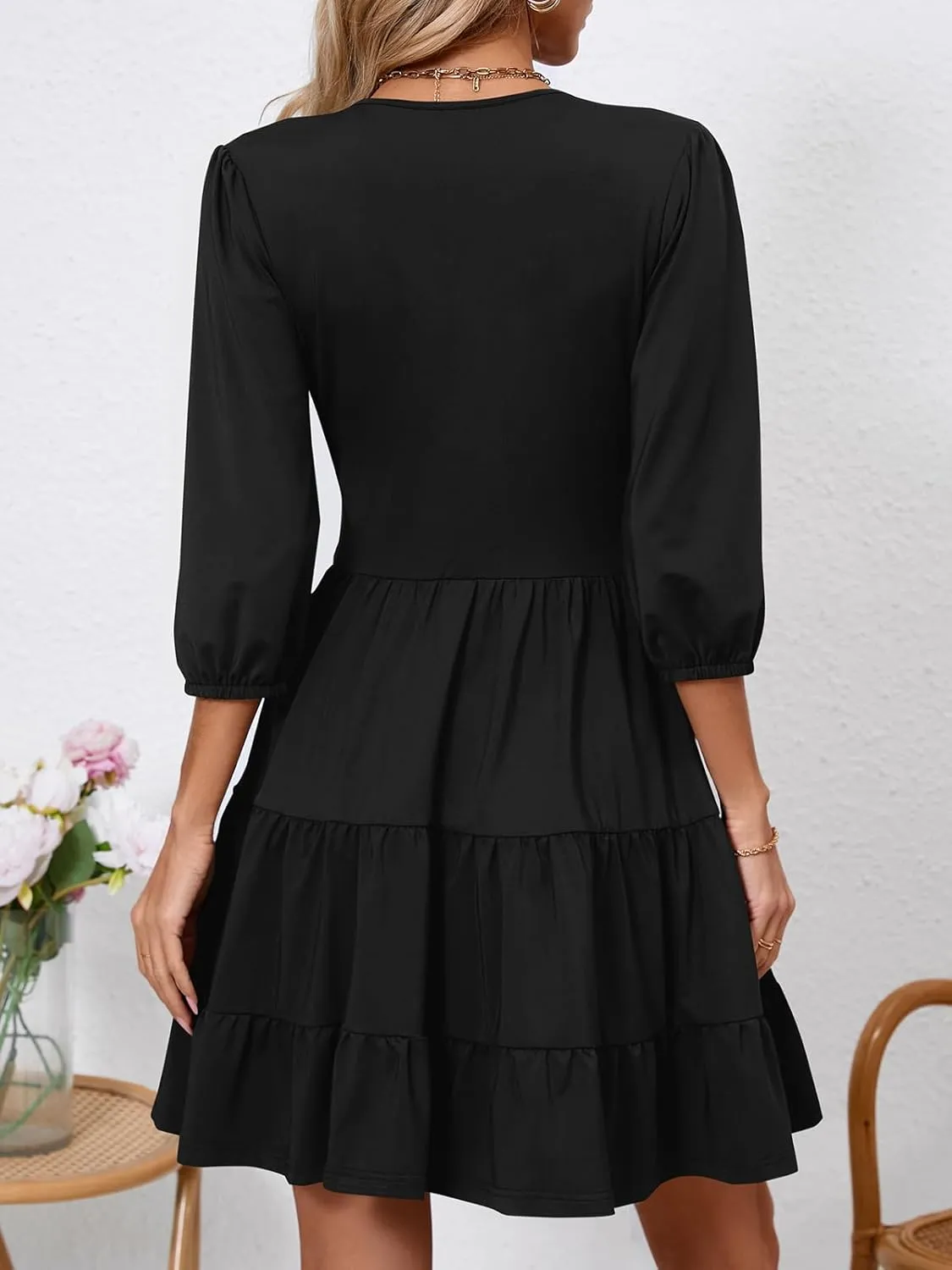 PerZeal Women's Wrap V Neck 3/4 Sleeve Wedding Guest Dress Elastic Waist Tiered Belted Ruffle Hem Mini Dress