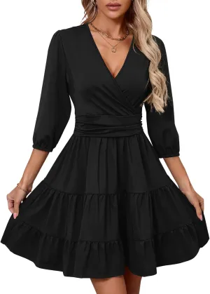 PerZeal Women's Wrap V Neck 3/4 Sleeve Wedding Guest Dress Elastic Waist Tiered Belted Ruffle Hem Mini Dress