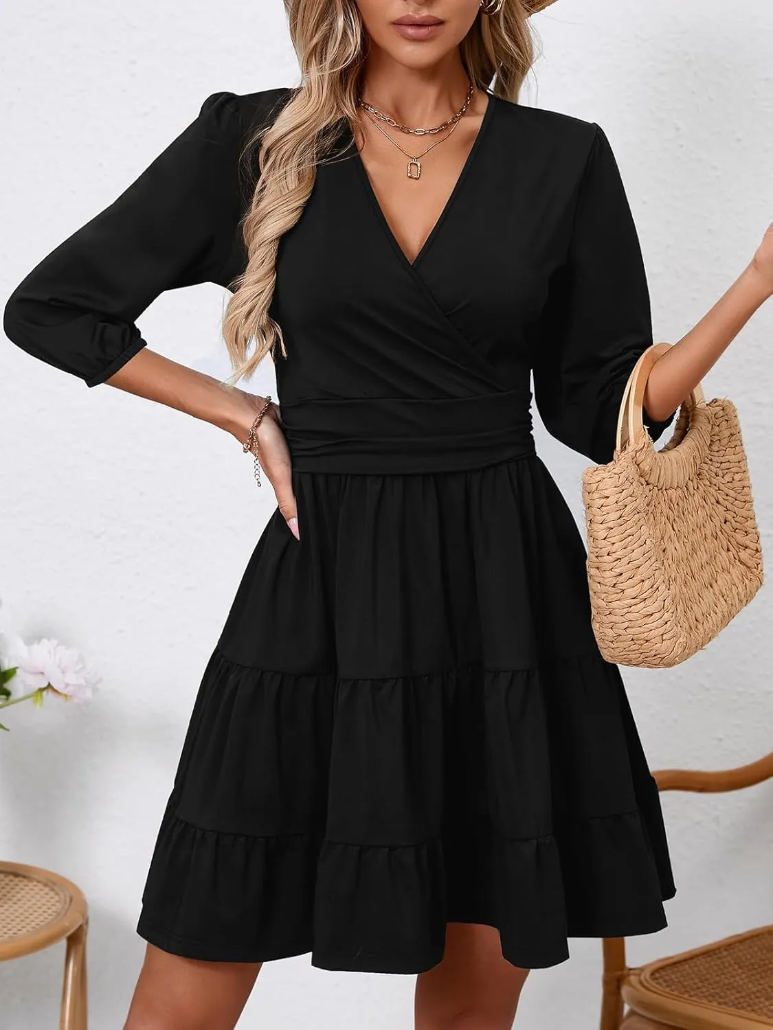PerZeal Women's Wrap V Neck 3/4 Sleeve Wedding Guest Dress Elastic Waist Tiered Belted Ruffle Hem Mini Dress