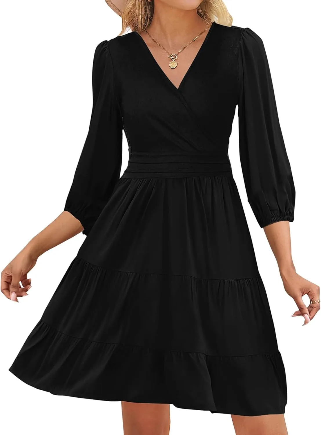 PerZeal Women's Wrap V Neck 3/4 Sleeve Wedding Guest Dress Elastic Waist Tiered Belted Ruffle Hem Mini Dress