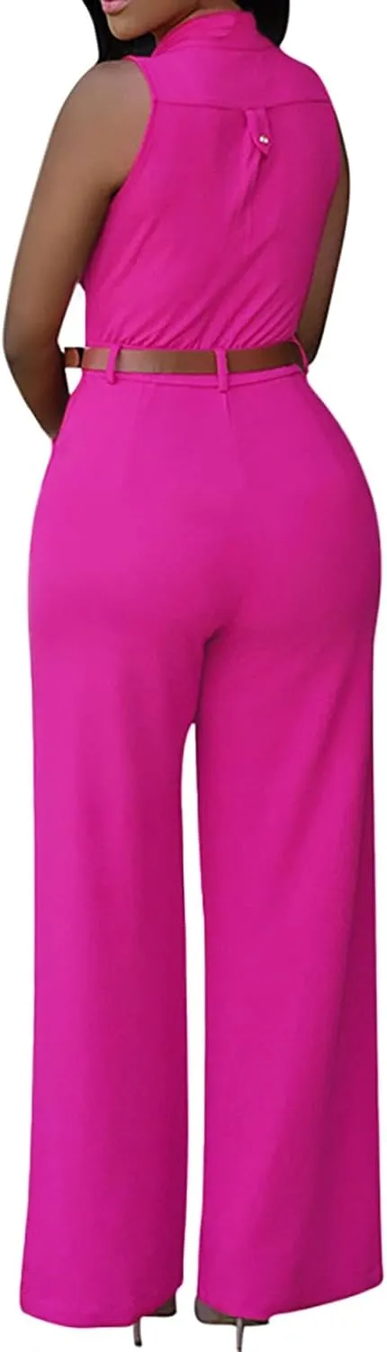 Pink Queen Women Jumpsuits V Neck Button Down Sleeveless Wide Leg Long Pants Romper