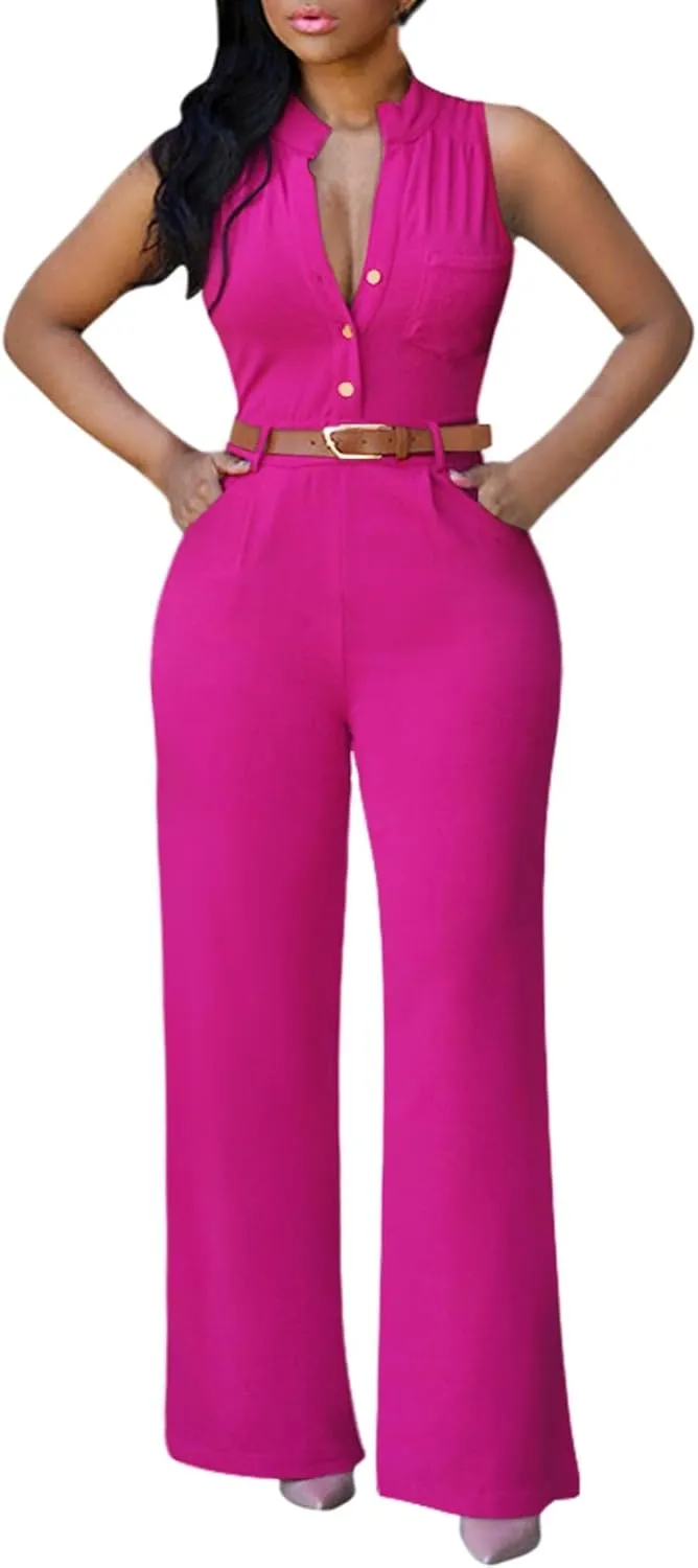 Pink Queen Women Jumpsuits V Neck Button Down Sleeveless Wide Leg Long Pants Romper