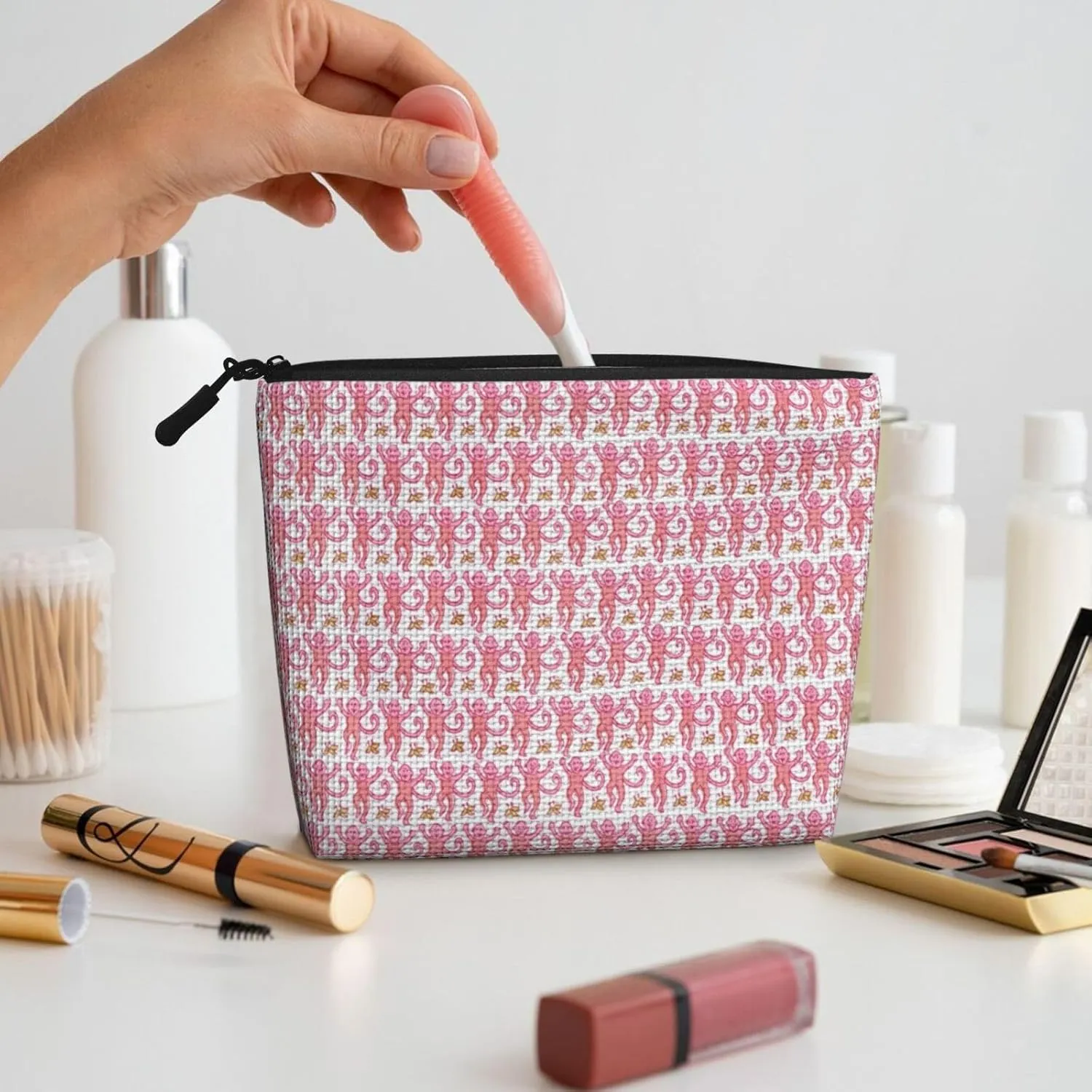 Pink Rabbit Monkeys Makeup Bag Travel Cosmetic Bags For Women Portable Pouch For Purse Zipper Toiletry Accessories Storage Bag
