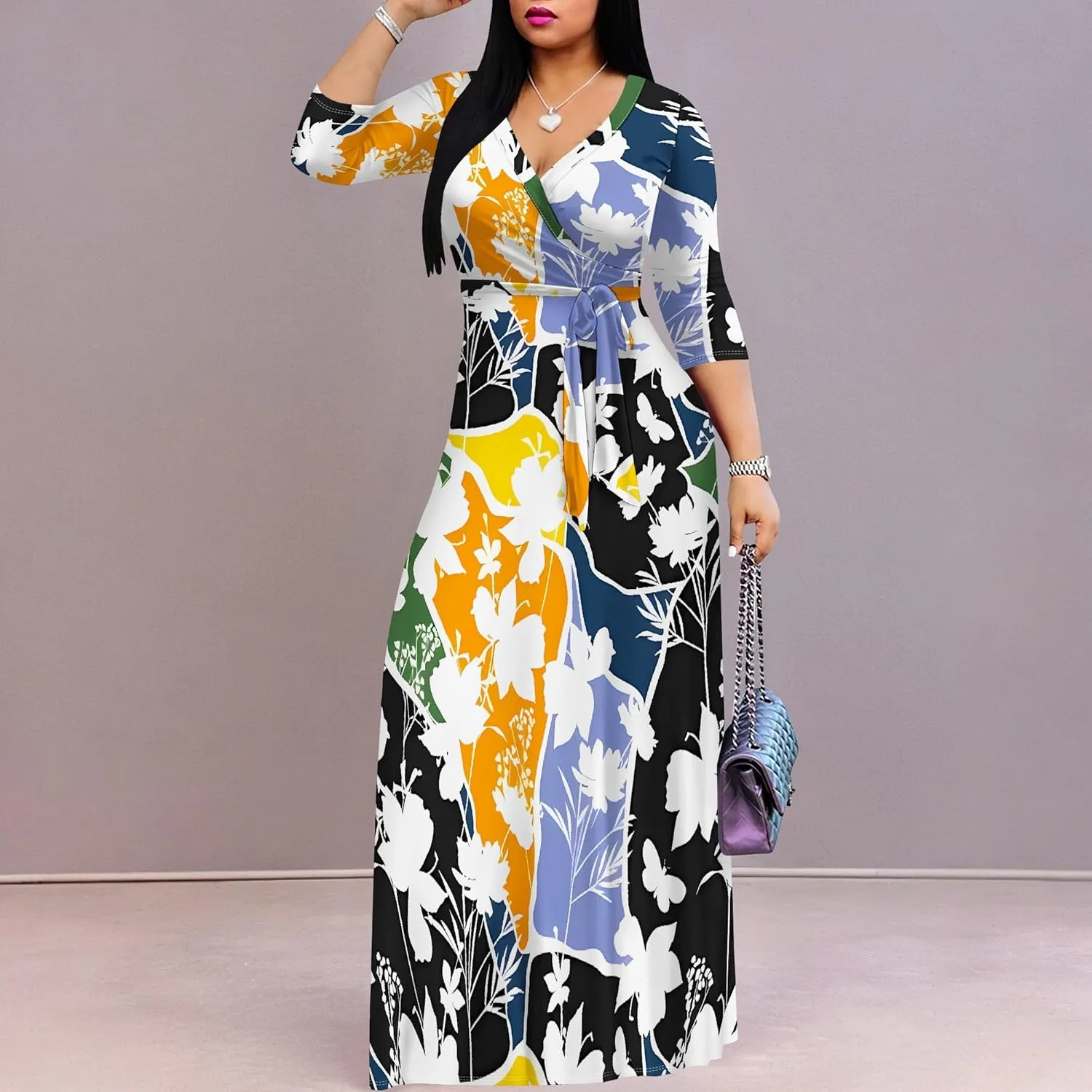 Plus Size Dresses for Women Floral Print Maxi Dress Flowy 3/4 Sleeve with Belt