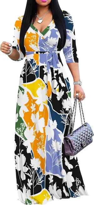 Plus Size Dresses for Women Floral Print Maxi Dress Flowy 3/4 Sleeve with Belt