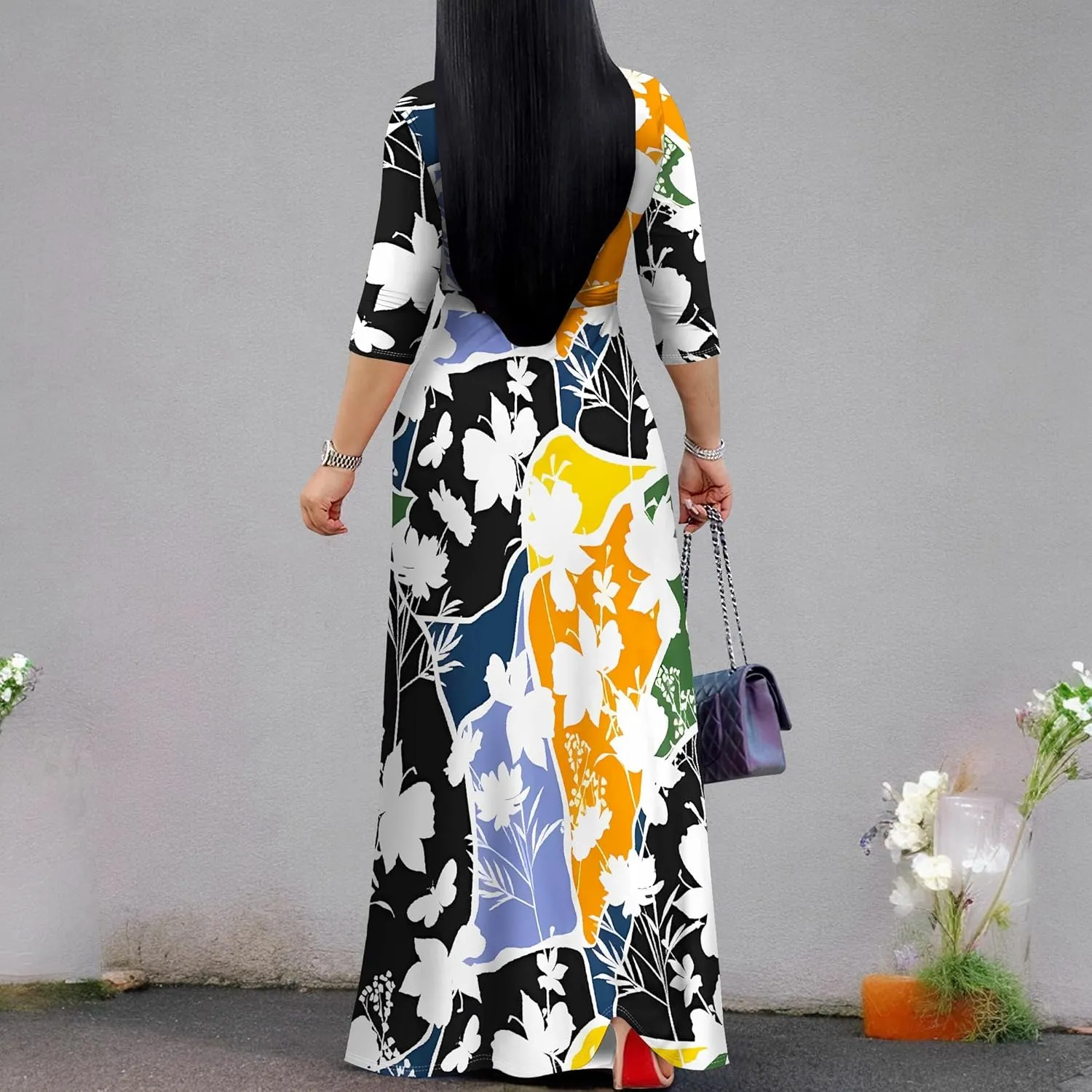 Plus Size Dresses for Women Floral Print Maxi Dress Flowy 3/4 Sleeve with Belt