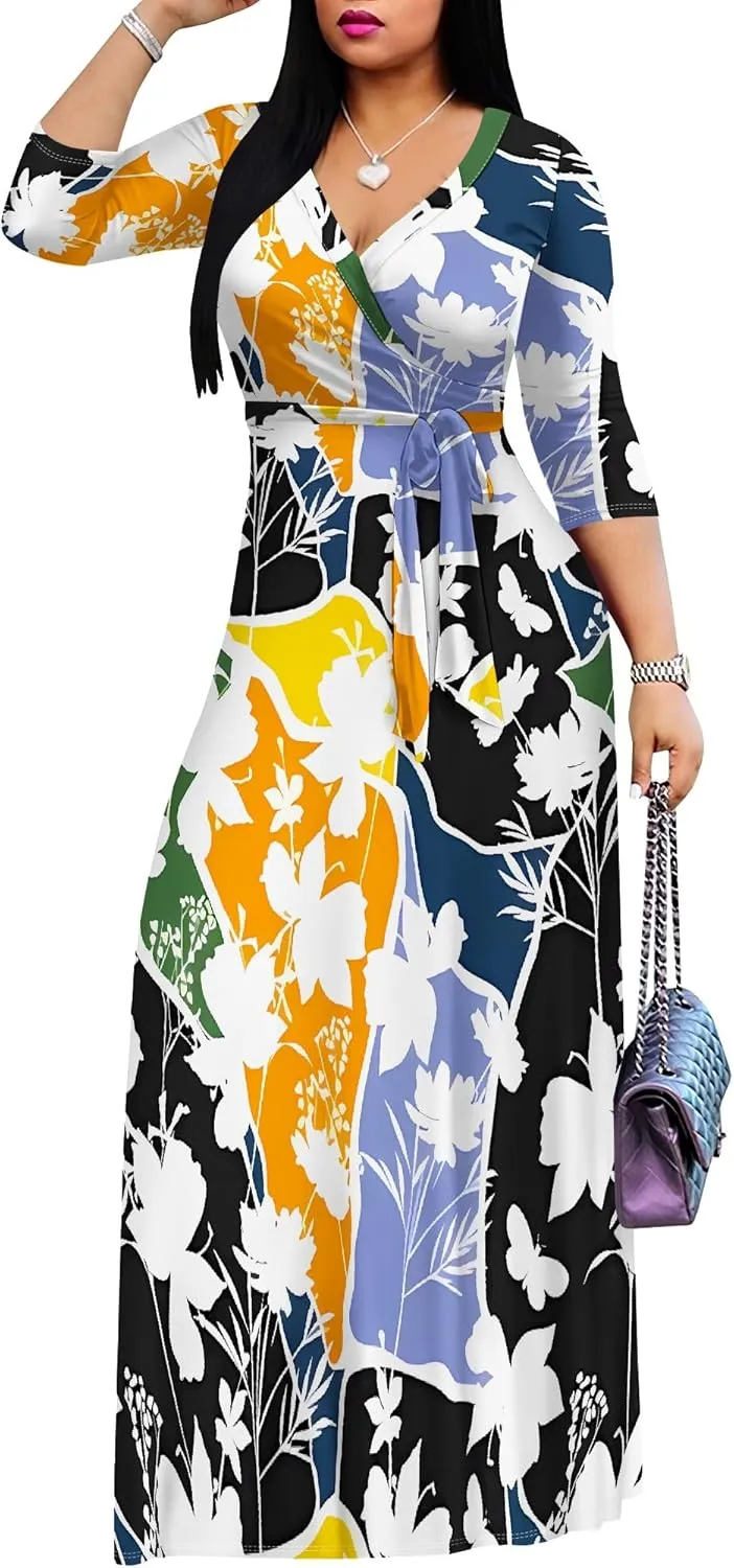 Plus Size Dresses for Women Floral Print Maxi Dress Flowy 3/4 Sleeve with Belt