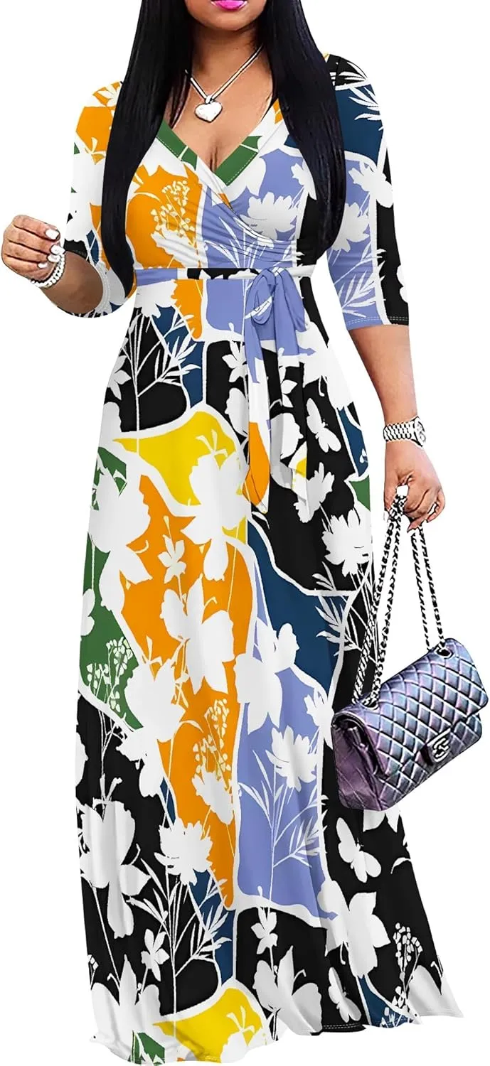 Plus Size Dresses for Women Floral Print Maxi Dress Flowy 3/4 Sleeve with Belt