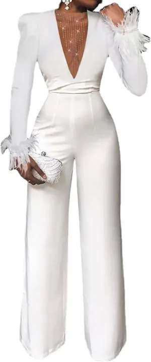 Plus Size Elegant Solid High Waist Feather Jumpsuit, Women Long Sleeve Deep V Neck Jumpsuit