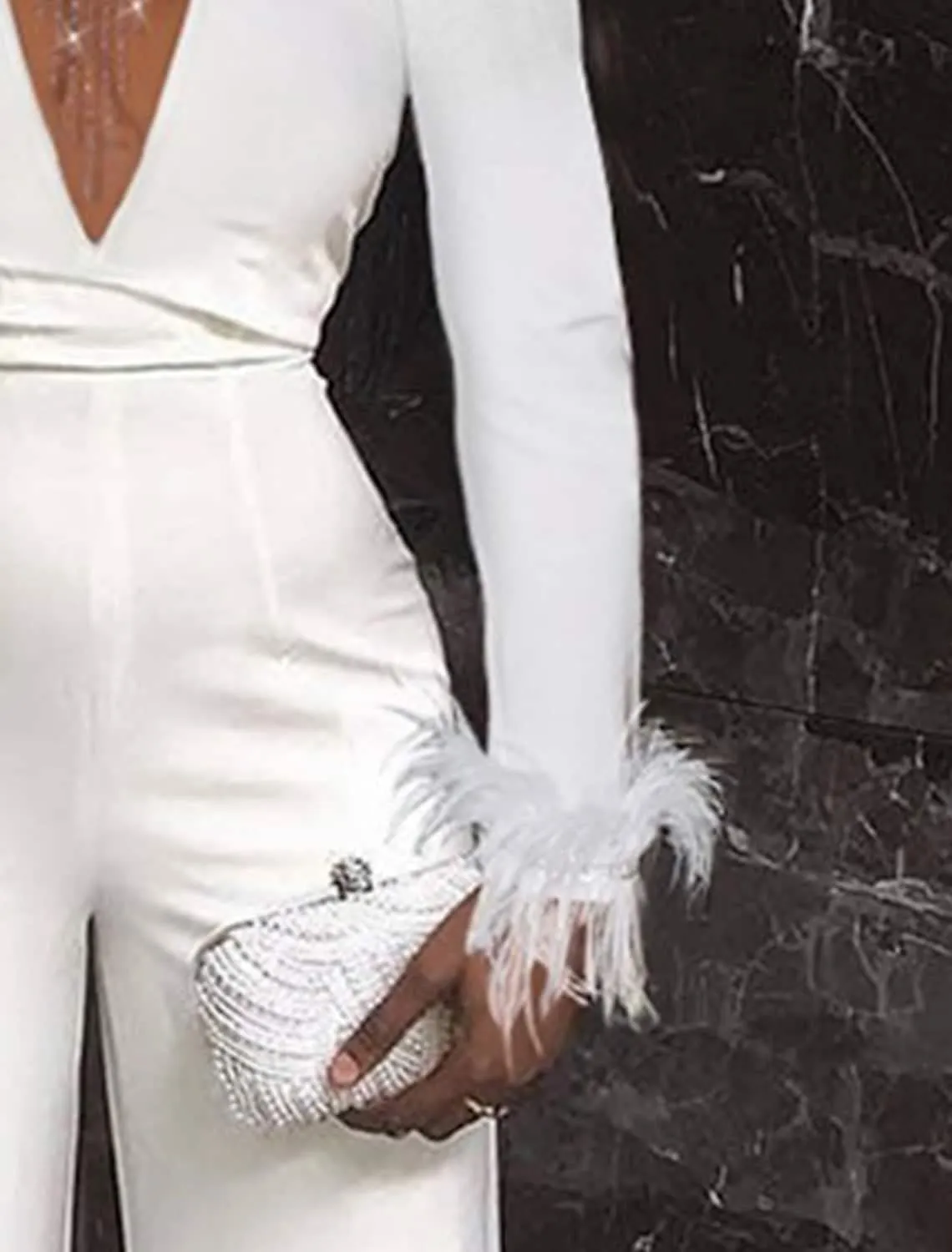 Plus Size Elegant Solid High Waist Feather Jumpsuit, Women Long Sleeve Deep V Neck Jumpsuit