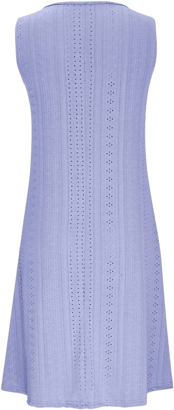 Plus Size Eyelet Dresses for Women Casual Loose Fit Summer Sleeveless v Neck Pleated Flowy Summer Midi Dress