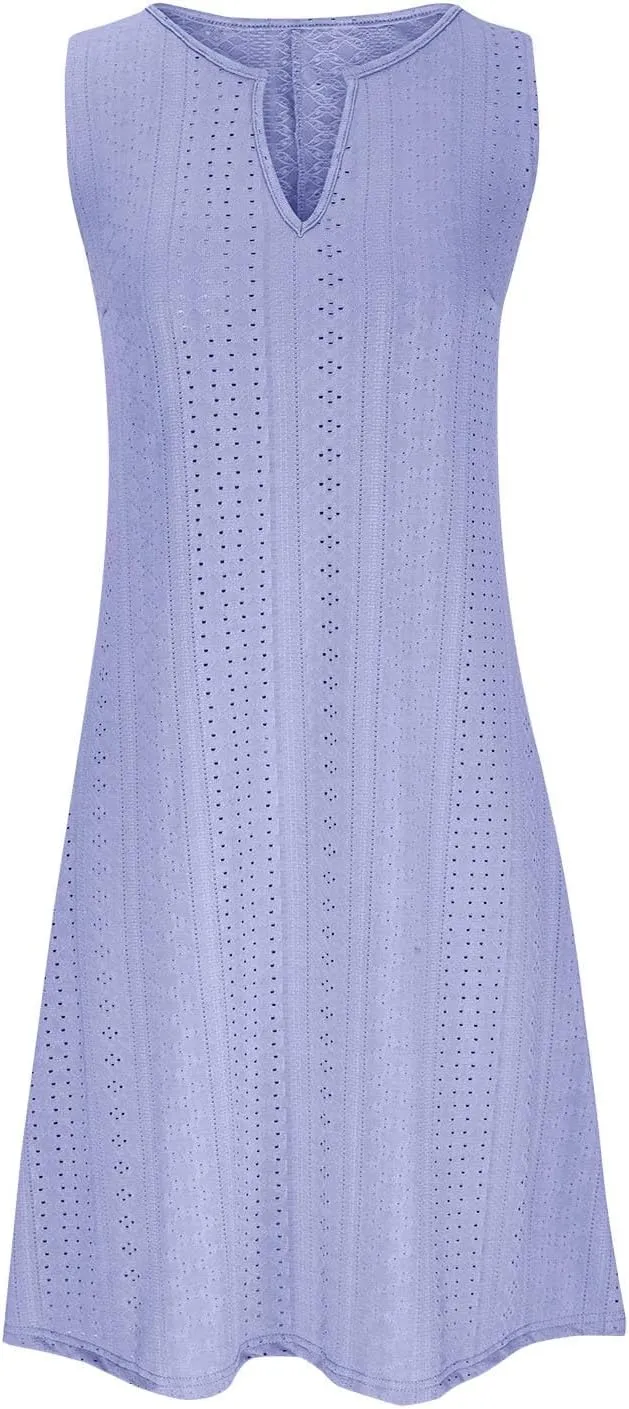 Plus Size Eyelet Dresses for Women Casual Loose Fit Summer Sleeveless v Neck Pleated Flowy Summer Midi Dress