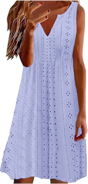 Plus Size Eyelet Dresses for Women Casual Loose Fit Summer Sleeveless v Neck Pleated Flowy Summer Midi Dress