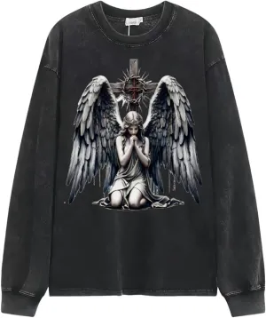 Praying Angel with Wings Vintage Long-Sleeved Denim Jacket Shirt Men's Round Neck Sports T-Shirt
