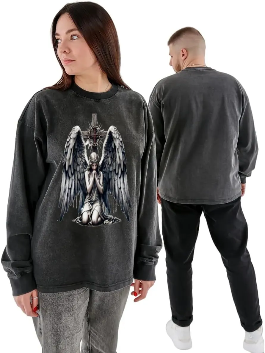 Praying Angel with Wings Vintage Long-Sleeved Denim Jacket Shirt Men's Round Neck Sports T-Shirt