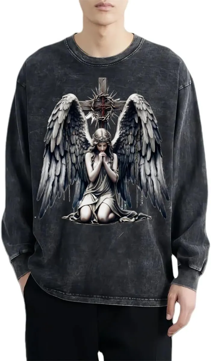 Praying Angel with Wings Vintage Long-Sleeved Denim Jacket Shirt Men's Round Neck Sports T-Shirt