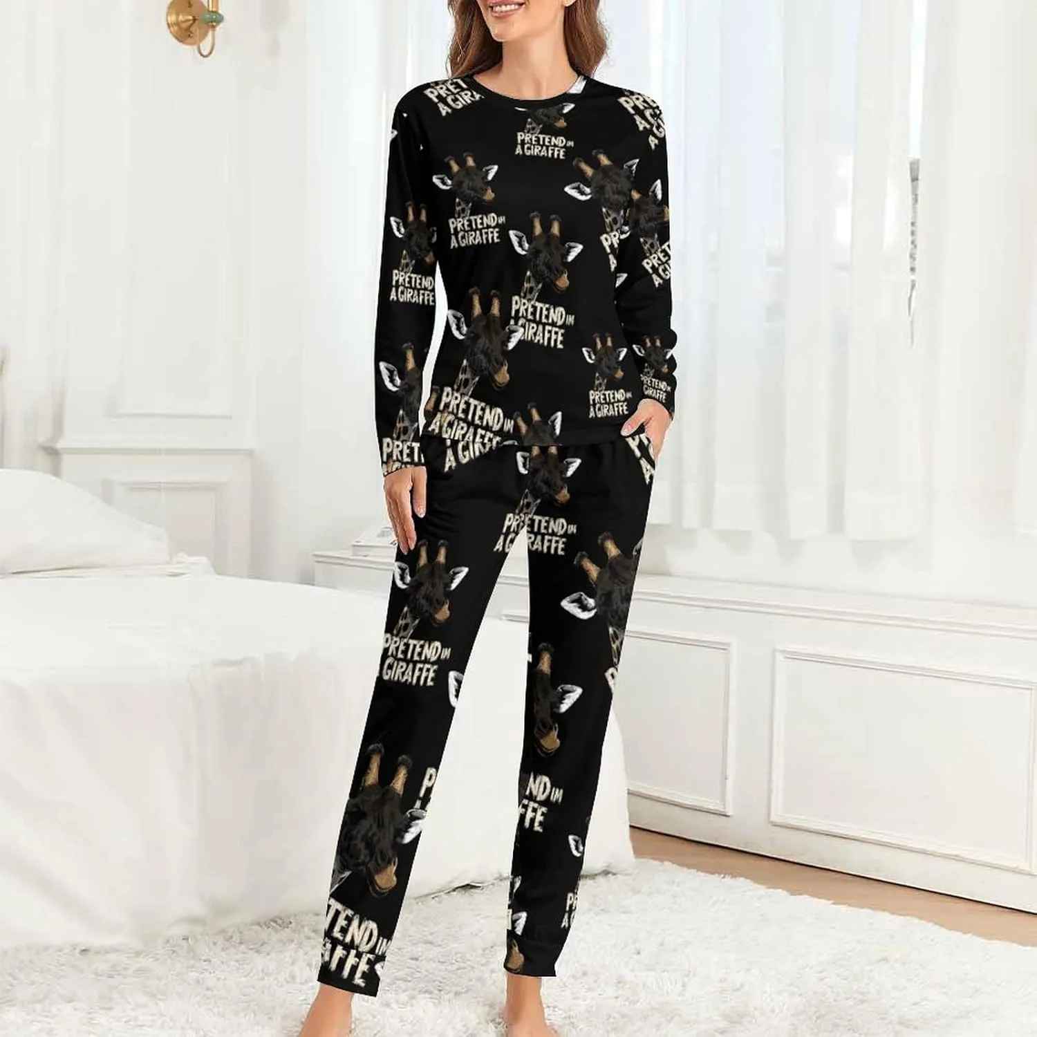 Pretend Im A Giraffe Women's Pajama Set Long Sleeve T-shirts Top & Pant Comfort Sleepwear Loungewear