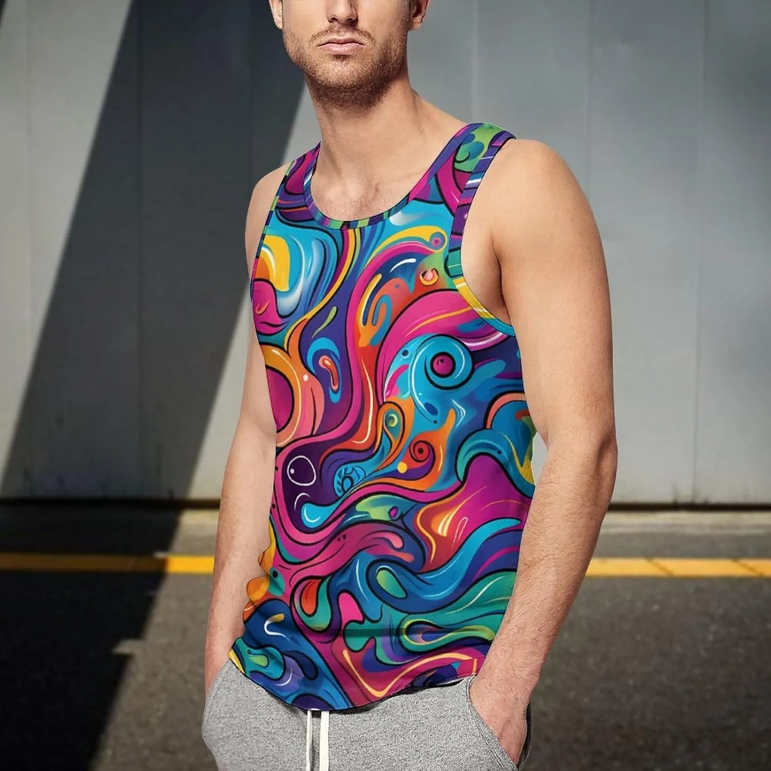 Psychedelic Colorful Pattern Mens Tank Top Undershirt Sleeveless Gym Vest Workout T-Shirts