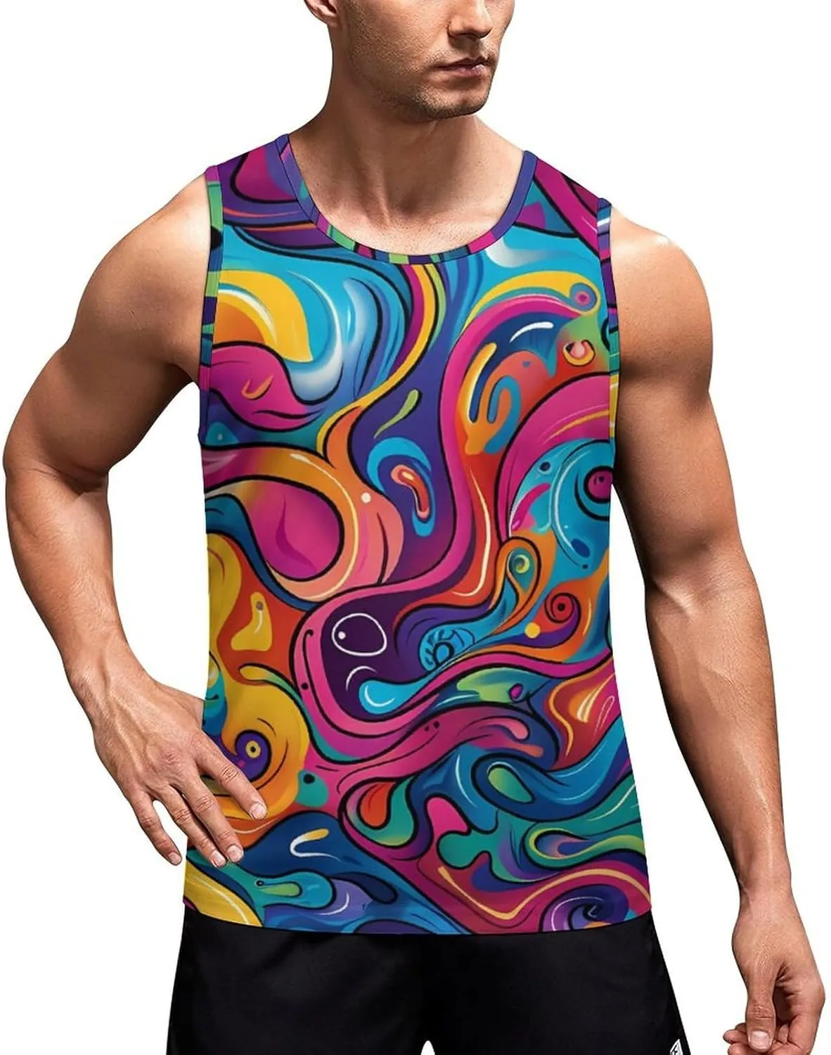Psychedelic Colorful Pattern Mens Tank Top Undershirt Sleeveless Gym Vest Workout T-Shirts