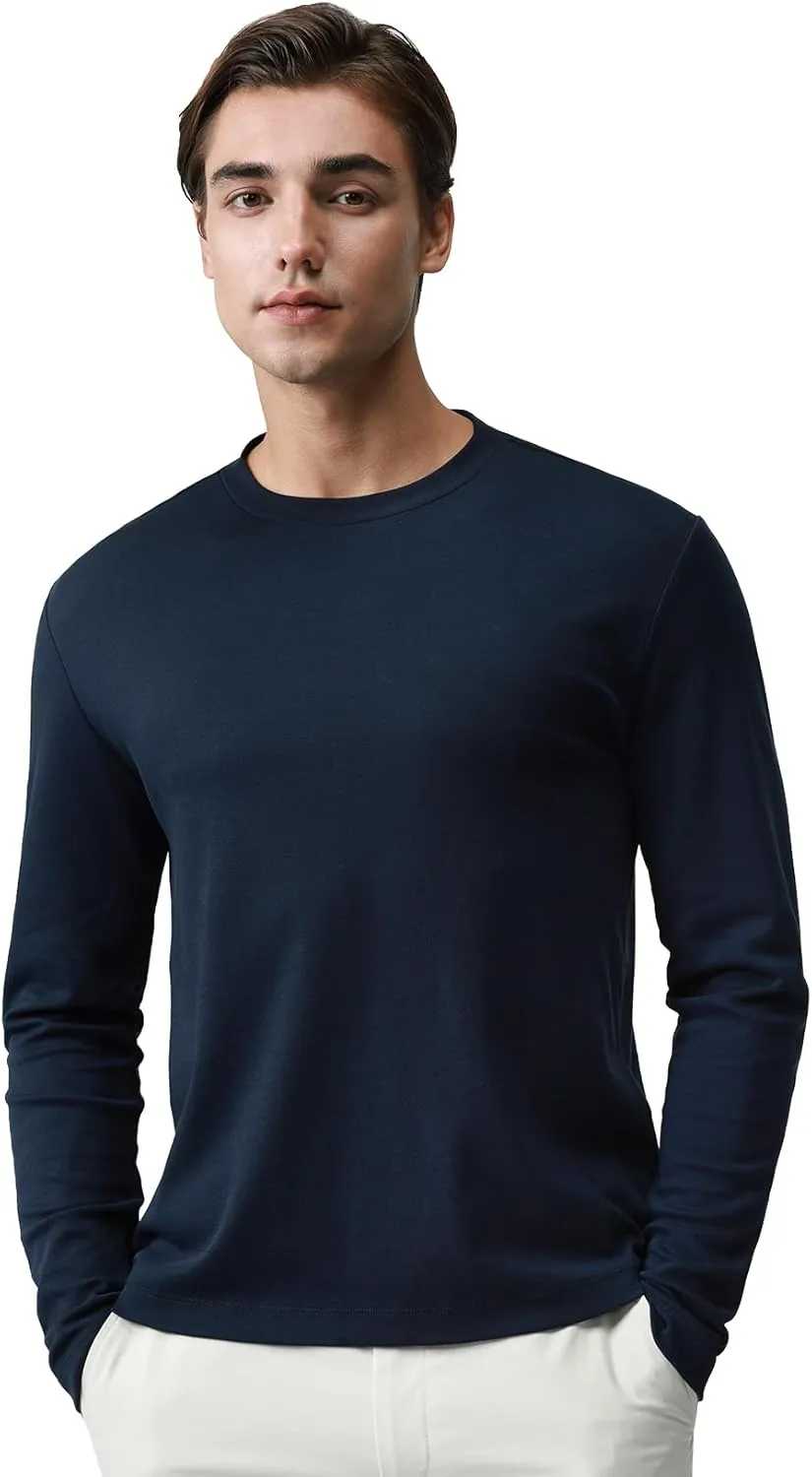 Pure Cotton T Shirts for Men Comfort Long Sleeve Tee Crewneck Jersey Moisture Wicking