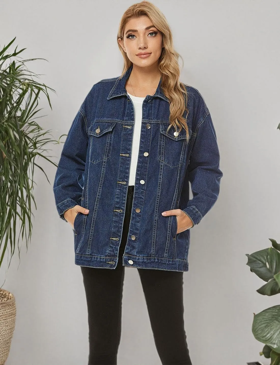 PUWEI Women's Oversized Denim Jacket Distressed Lapel Button Up Long Sleeve Jean Jacket with Pockets
