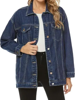 PUWEI Women's Oversized Denim Jacket Distressed Lapel Button Up Long Sleeve Jean Jacket with Pockets
